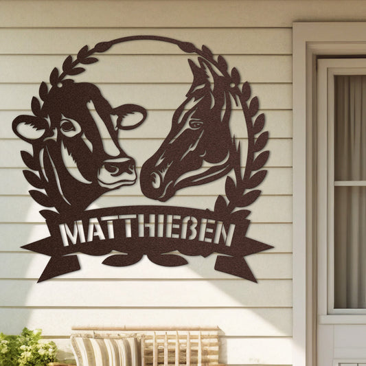 Hofschild - Kuh Pferd Blumenkranz aus edlem Stahl (personalisierbar)