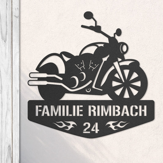 Motorrad Silhouette mit Wunschtext und Hausnummer aus edlem Stahl (personalisierbar)