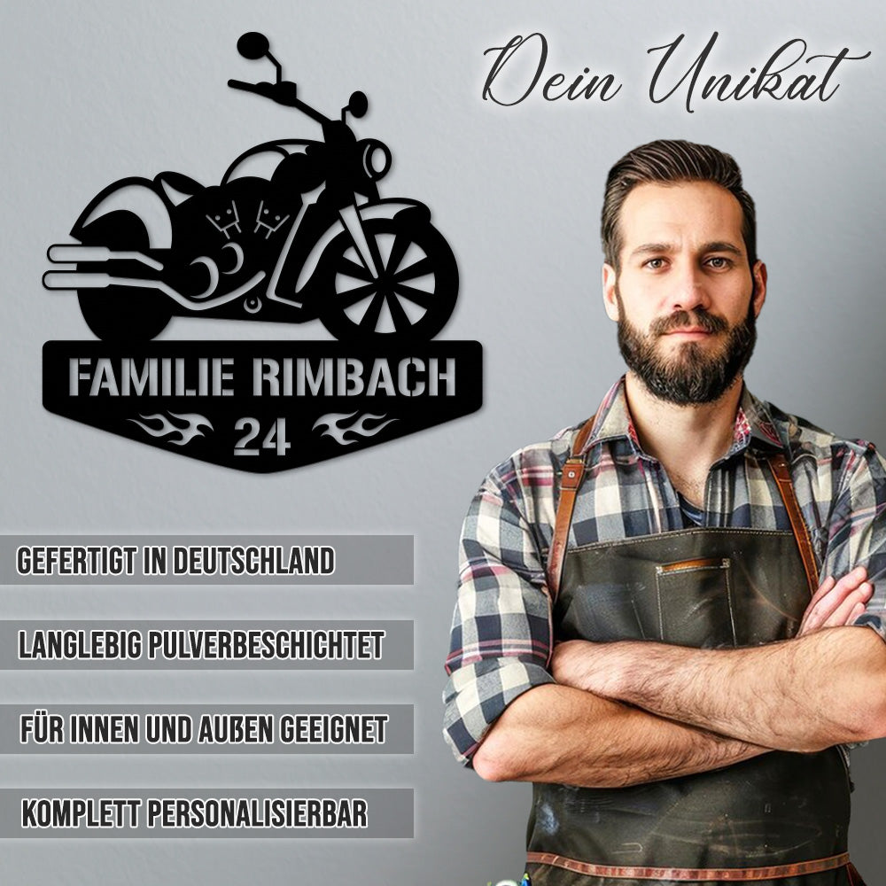 Motorrad Silhouette mit Wunschtext und Hausnummer aus edlem Stahl (personalisierbar)