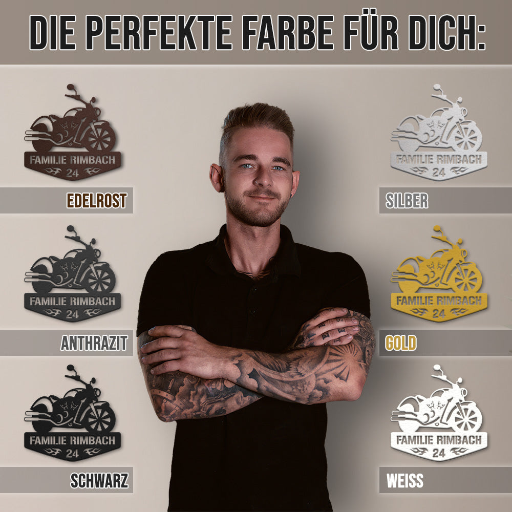 Motorrad Silhouette mit Wunschtext und Hausnummer aus edlem Stahl (personalisierbar)