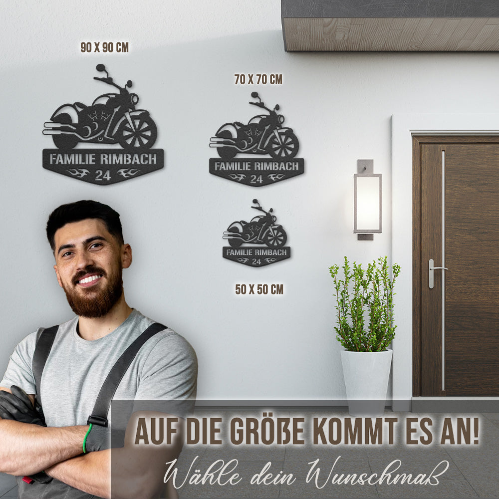 Motorrad Silhouette mit Wunschtext und Hausnummer aus edlem Stahl (personalisierbar)