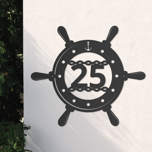 Nautische Steuerrad-Hausnummer aus edlem Stahl