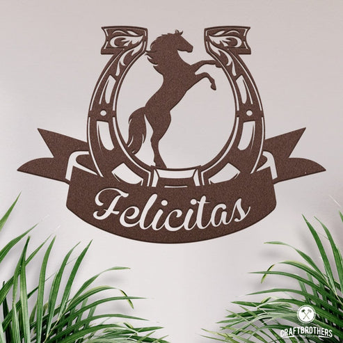 Pferdeschild "Felicitas" mit Hufeisen - personalisierbar Craftbrothers