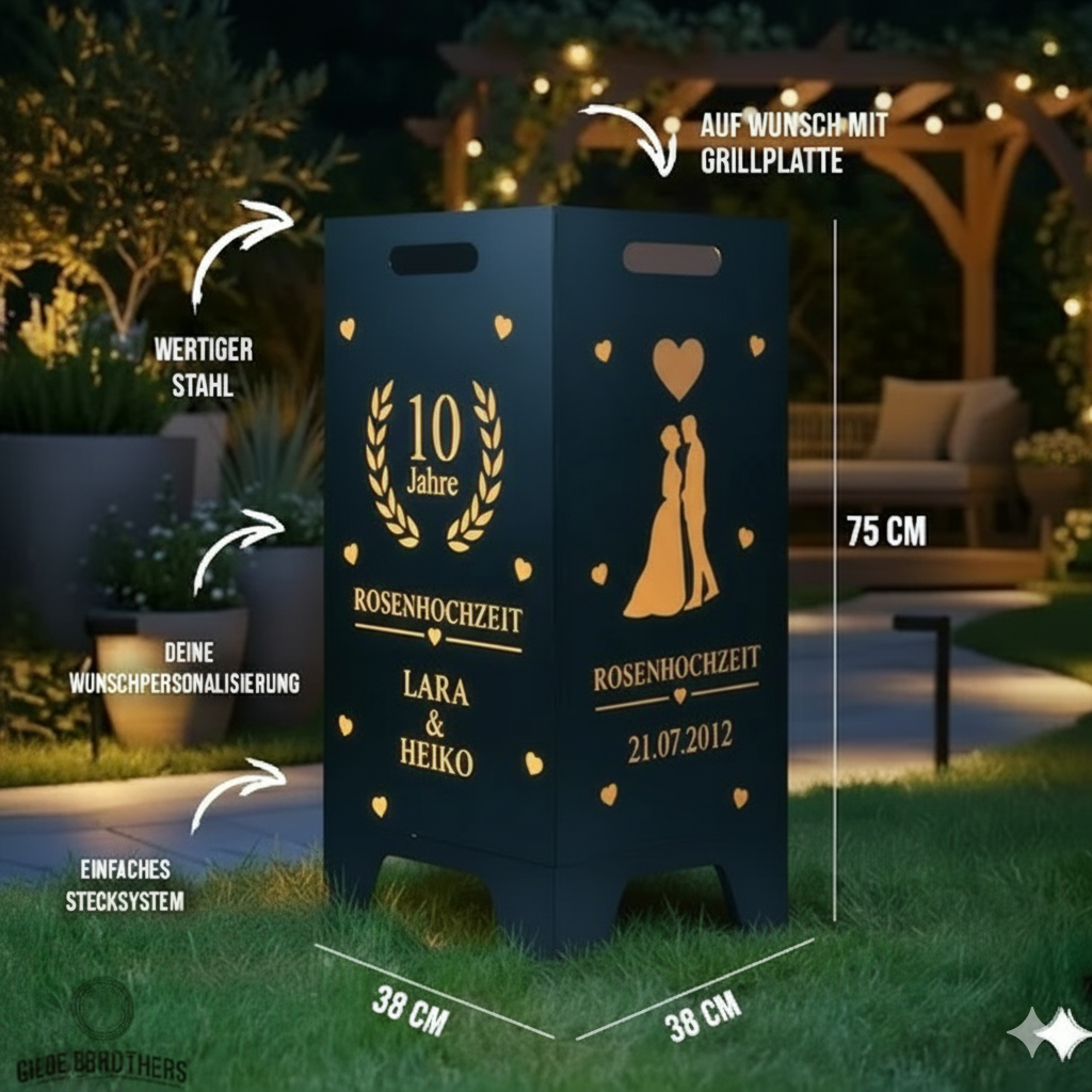 Feuertonne personalisierbar - Hochzeit - Jubiläum Brautpaar aus edlem Stahl