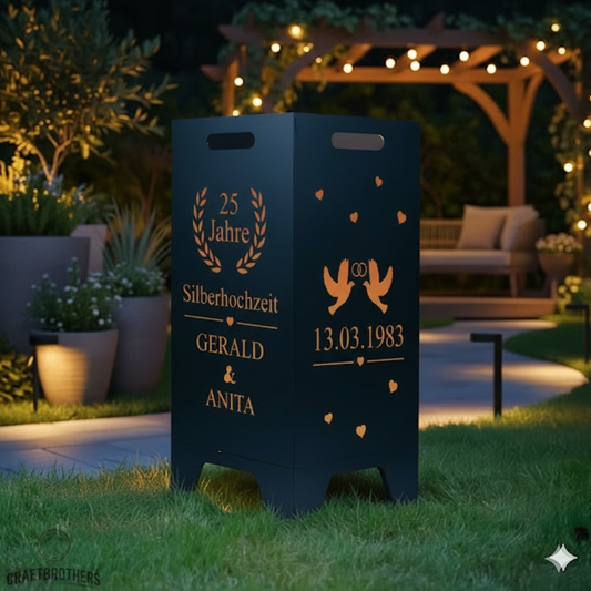 Feuertonne personalisierbar - Hochzeit - Jubiläum Tauben aus edlem Stahl