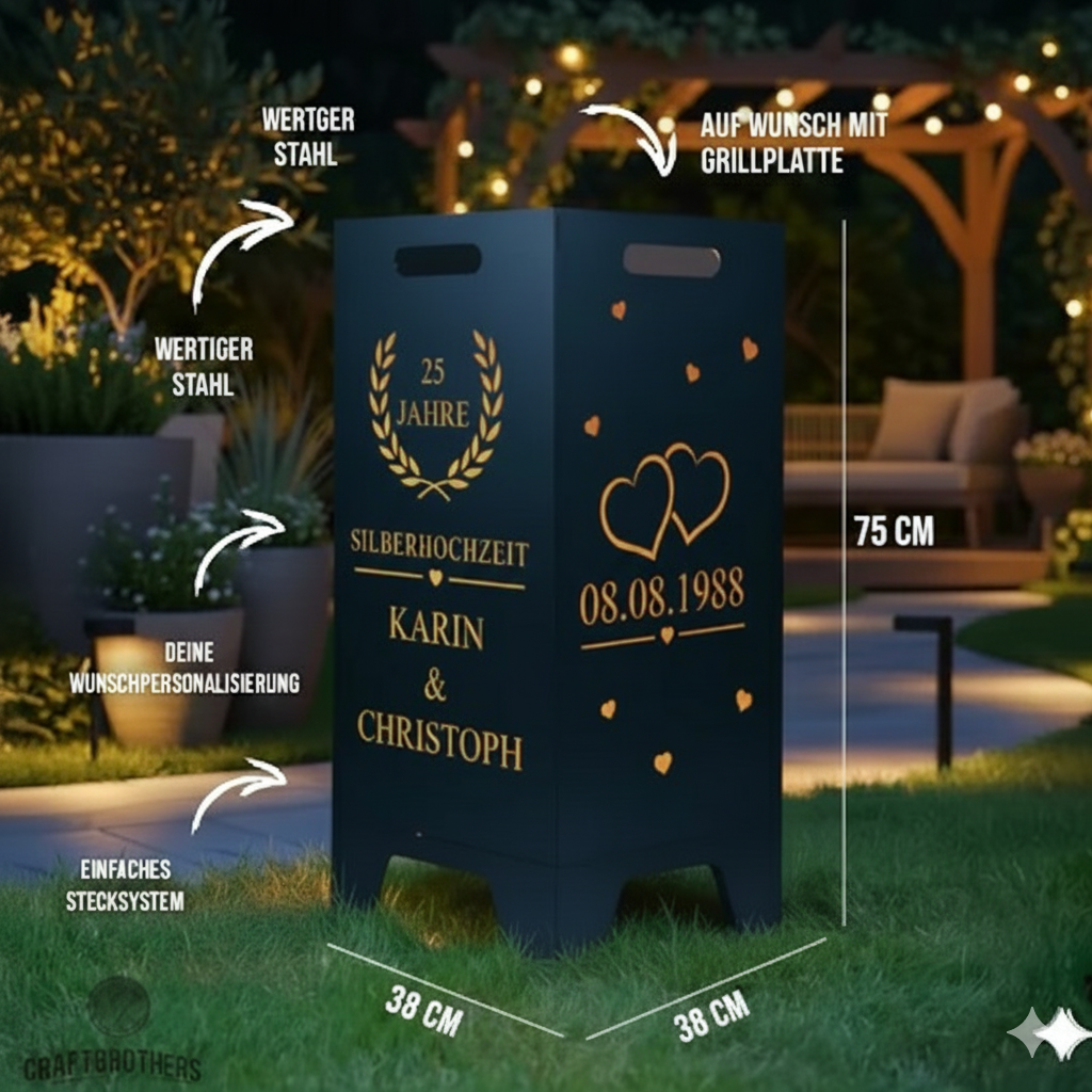 Feuertonne personalisierbar - Hochzeit - Jubiläum Herzen aus edlem Stahl