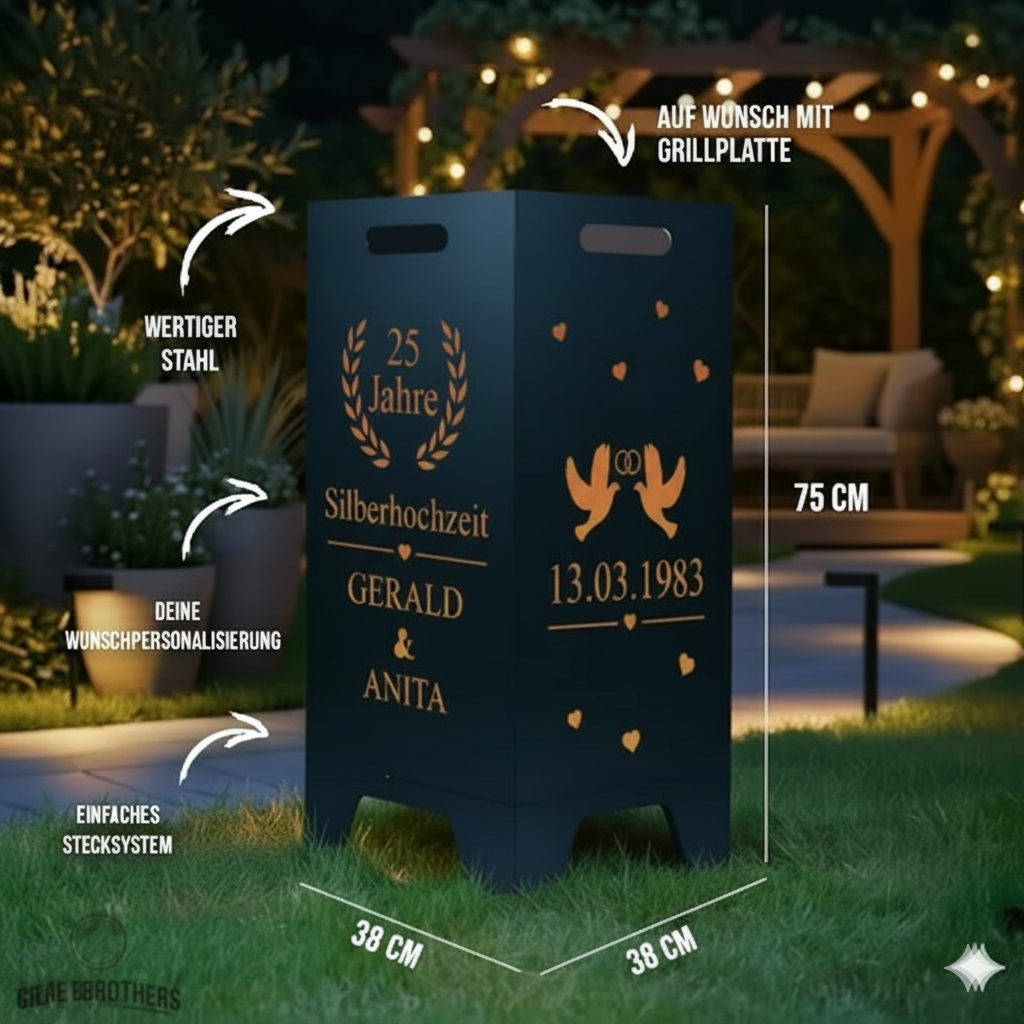 Feuertonne personalisierbar - Hochzeit - Jubiläum Tauben aus edlem Stahl