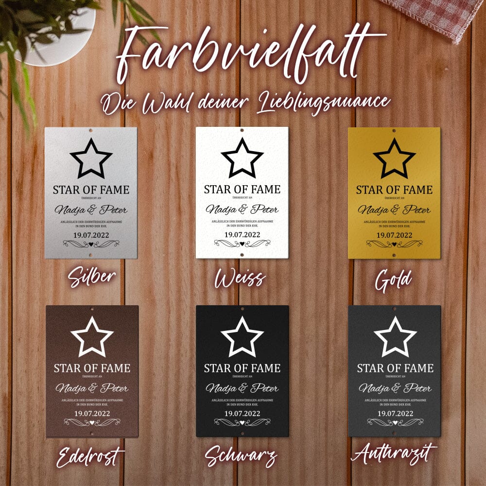 personalisierbare Tafel zur Hochzeit - Star of Fame aus edlem Stahl Tafel Craftbrothers