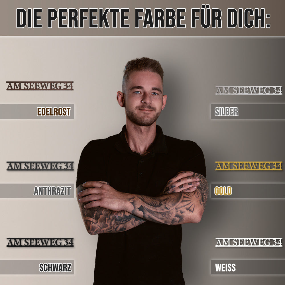 Straßenname und Hausnummer aus edlem Stahl