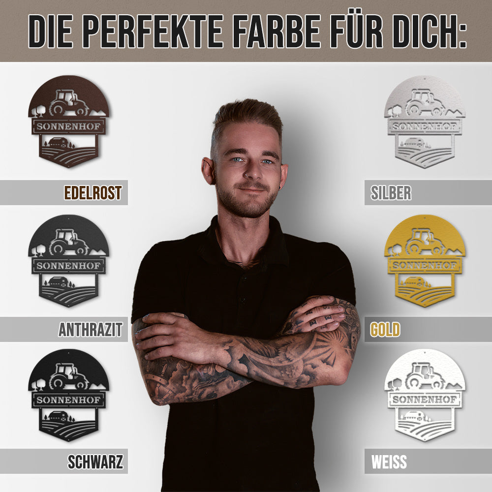 Hofschild - Traktor I aus edlem Stahl (personalisierbar)