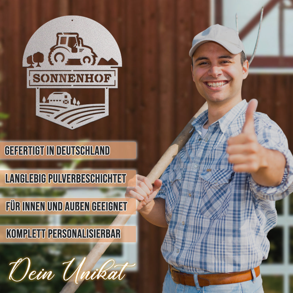 Hofschild - Traktor I aus edlem Stahl (personalisierbar)