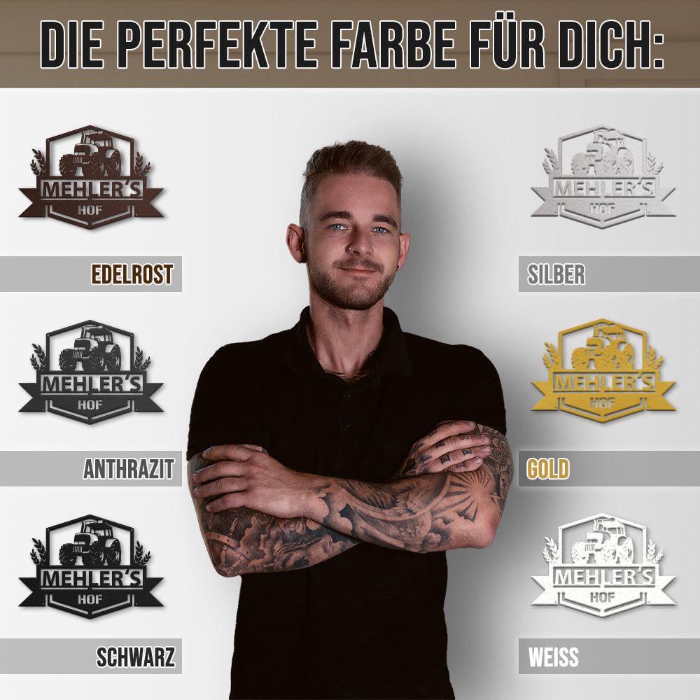 Hofschild - Traktor IV aus edlem Stahl (personalisierbar)