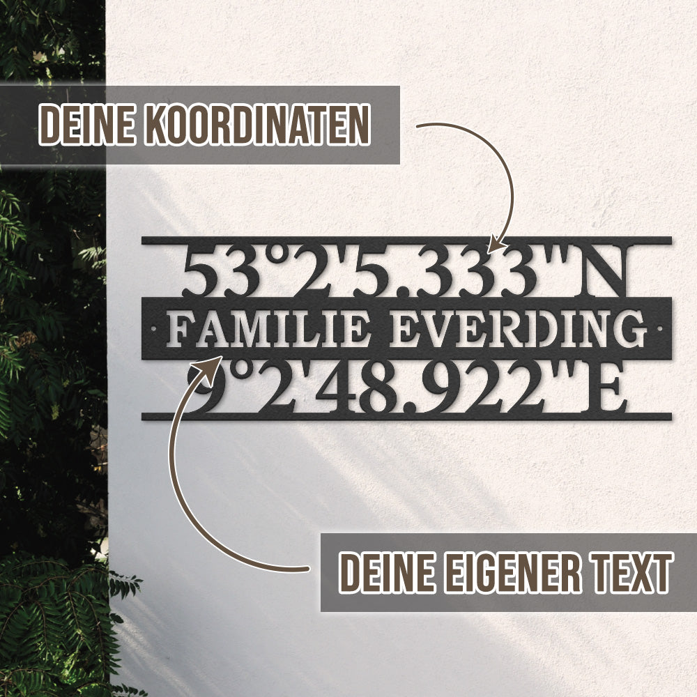 Türschild mit Koordinaten und Familiennamen (personalisierbar)