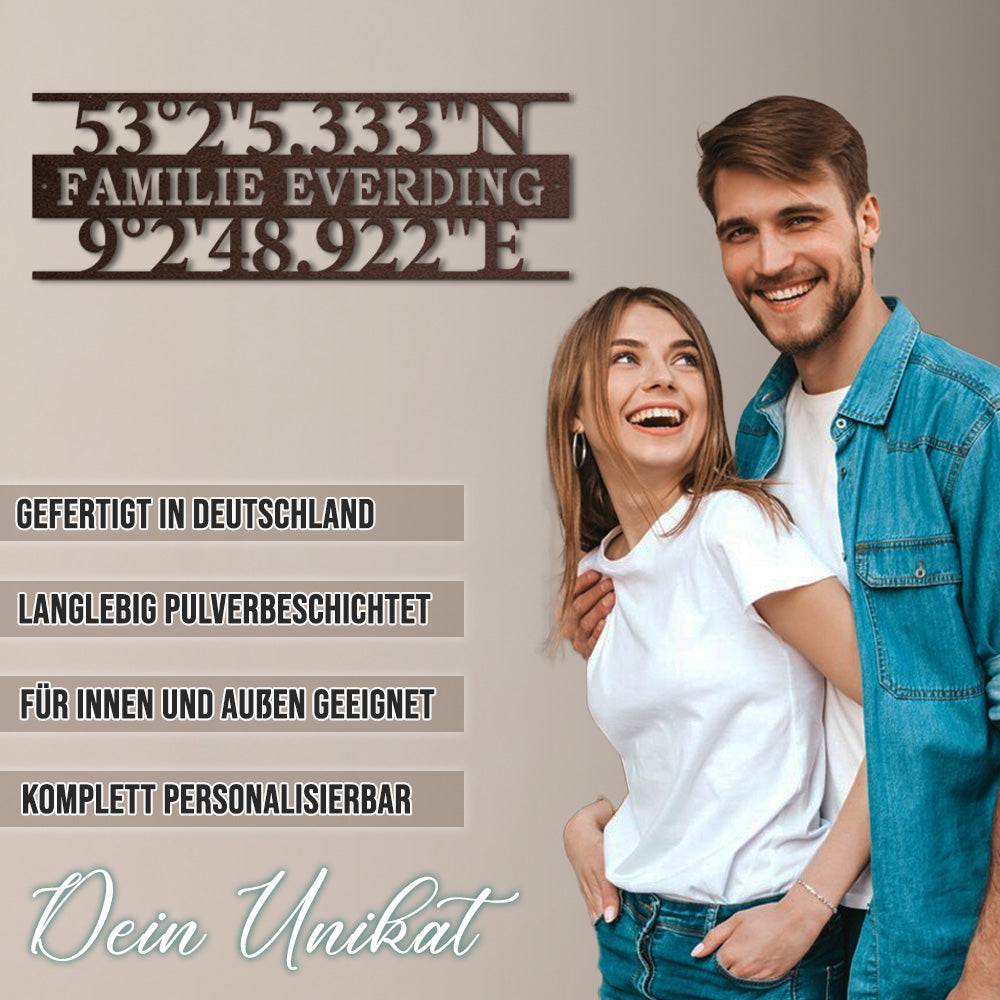 Türschild mit Koordinaten und Familiennamen (personalisierbar)
