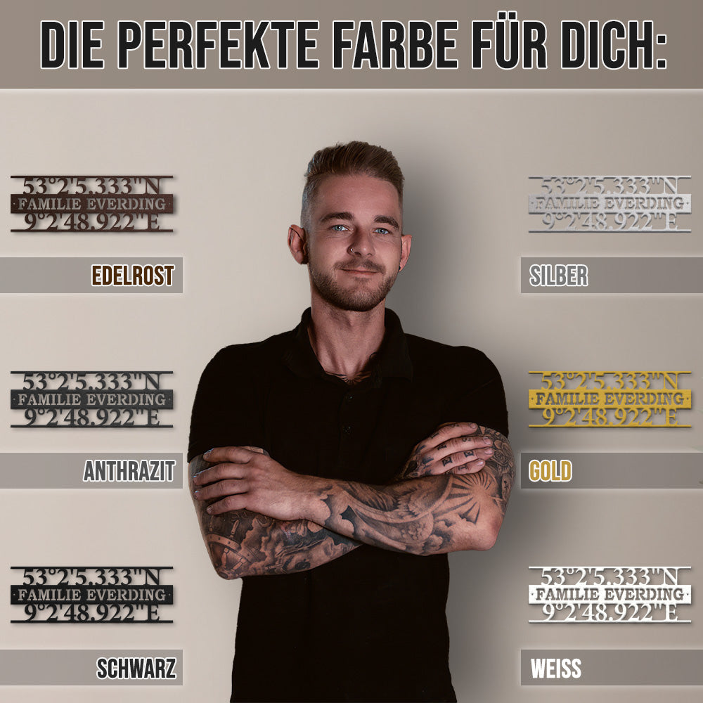 Türschild mit Koordinaten und Familiennamen (personalisierbar)