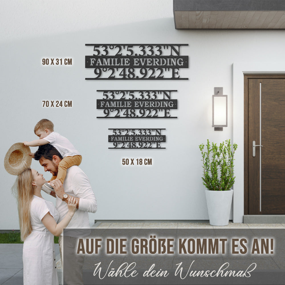 Türschild mit Koordinaten und Familiennamen (personalisierbar)