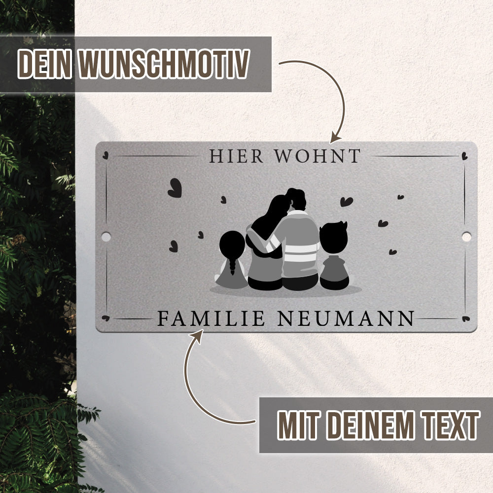 Türschild We are family - Eltern, 1 Sohn, 1 Tochter (personalisierbar)