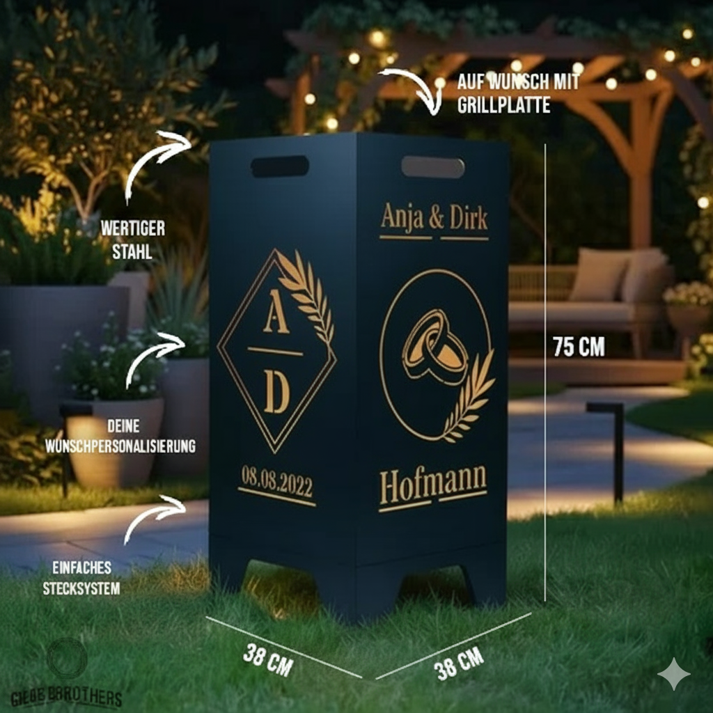 Feuertonne personalisierbar - Hochzeit - Quadrat mit Initialien
