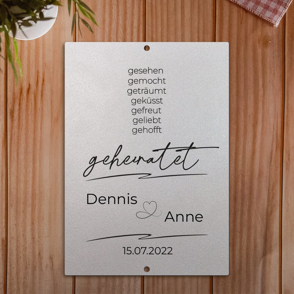 Personalisierbare Stahltafel -Gesehen, gemocht ... geheiratet - personalisierbares Hochzeitsgeschenk Tafel Craftbrothers