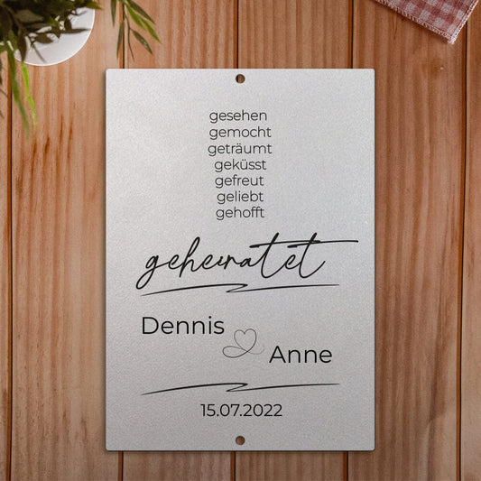 Personalisierbare Stahltafel -Gesehen, gemocht ... geheiratet - personalisierbares Hochzeitsgeschenk Tafel Craftbrothers