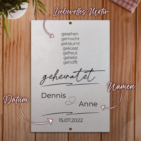 Personalisierbare Stahltafel -Gesehen, gemocht ... geheiratet - personalisierbares Hochzeitsgeschenk Tafel Craftbrothers