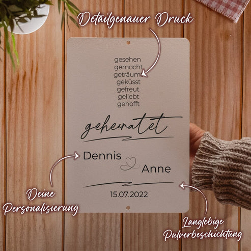 Personalisierbare Stahltafel -Gesehen, gemocht ... geheiratet - personalisierbares Hochzeitsgeschenk Tafel Craftbrothers