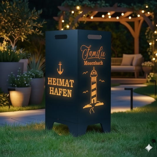Feuertonne personalisierbar - Leuchtturm aus edlem Stahl