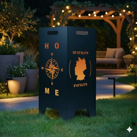 Feuertonne personalisierbar - Kompass & Weltkarte mit Koordinaten aus edlem Stahl