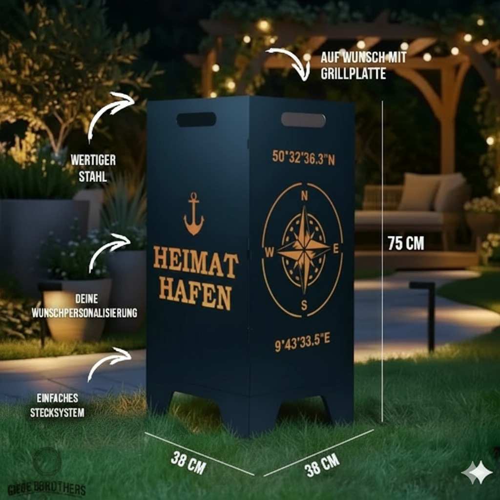 Feuertonne personalisierbar - Kompass mit Koordinaten aus edlem Stahl