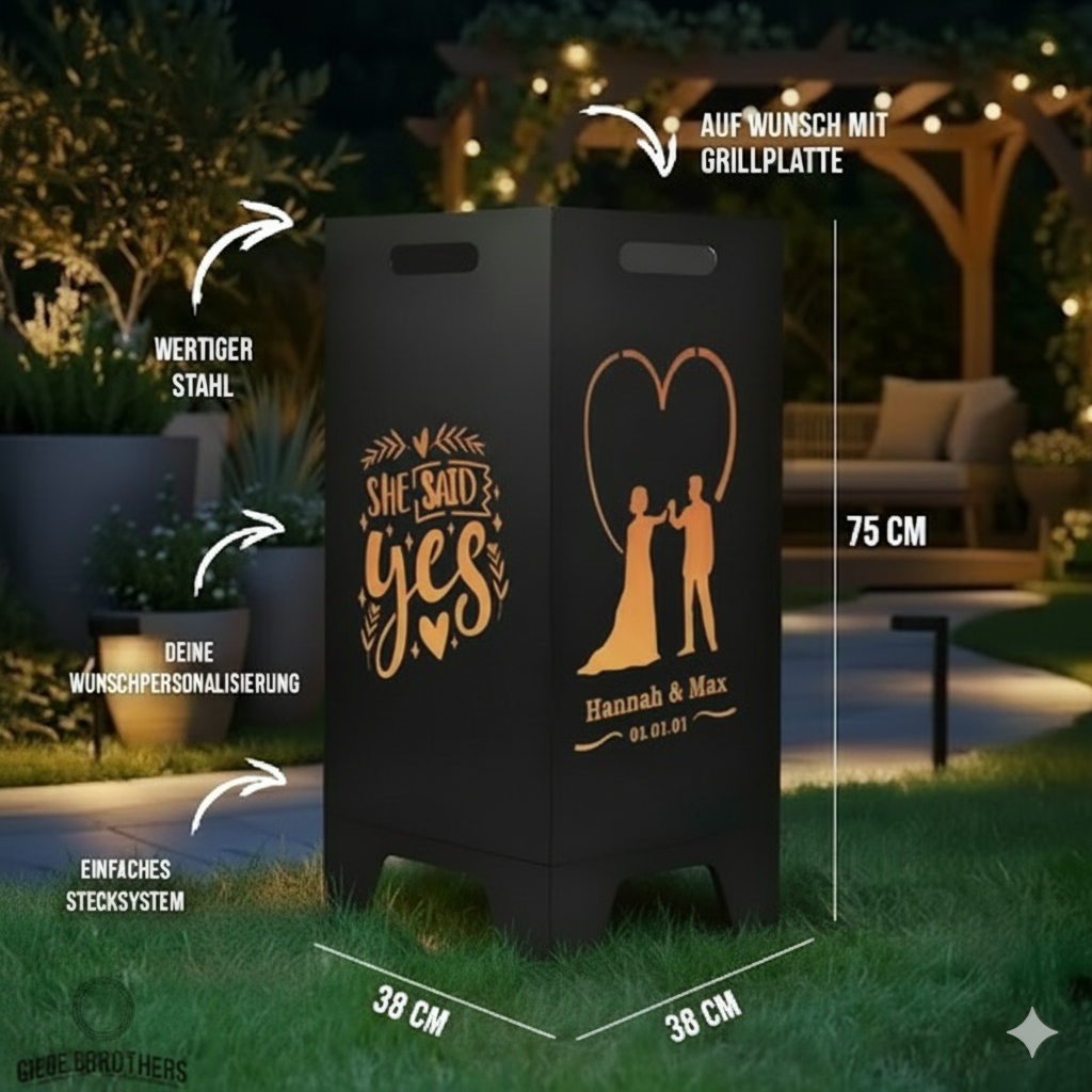 Feuertonne personalisierbar - Hochzeit - She said yes aus edlem Stahl