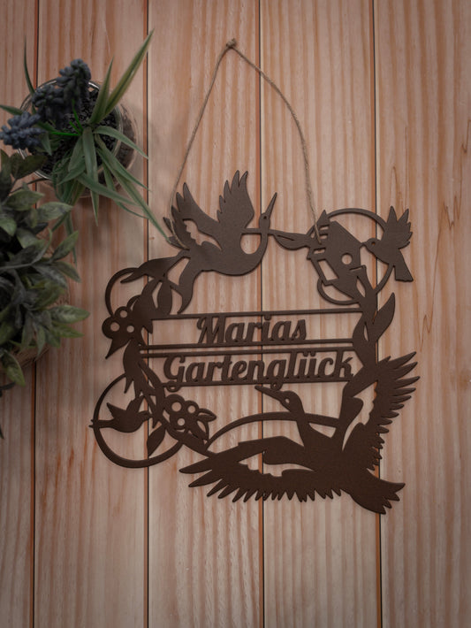 Türschild "Birds Garden mit Wunschtext" aus edlem Stahl (personalisierbar) Craftbrothers