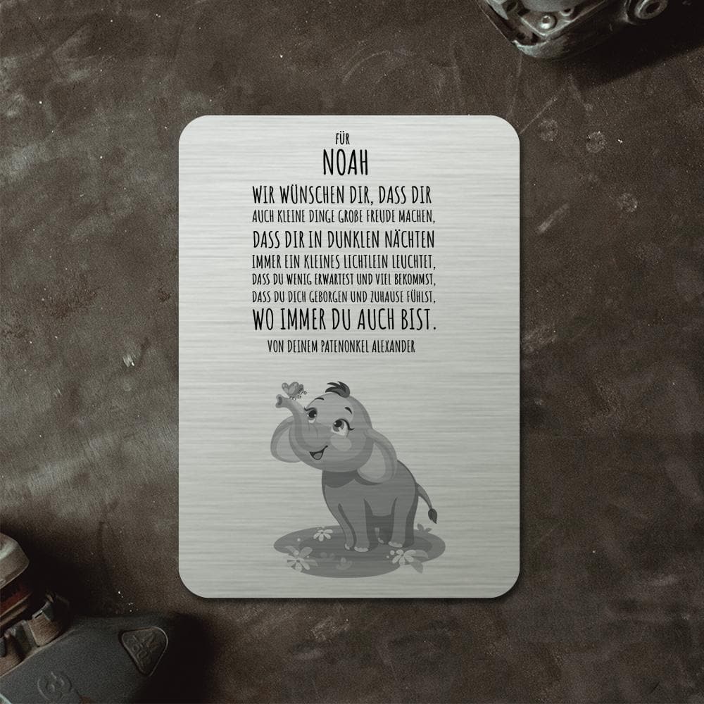 personalisierbares Geschenk zur Geburt oder Taufe: Tafel aus edlem Stahl "Wir wünschen Dir" mit süßem Elefantenmotiv Geschenktafel Craftbrothers 