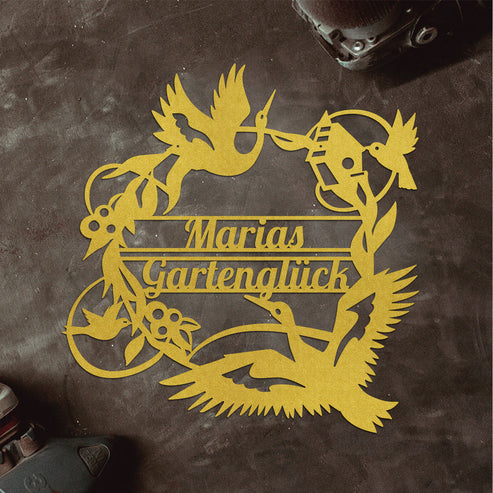 Türschild "Birds Garden mit Wunschtext" aus edlem Stahl (personalisierbar) Craftbrothers