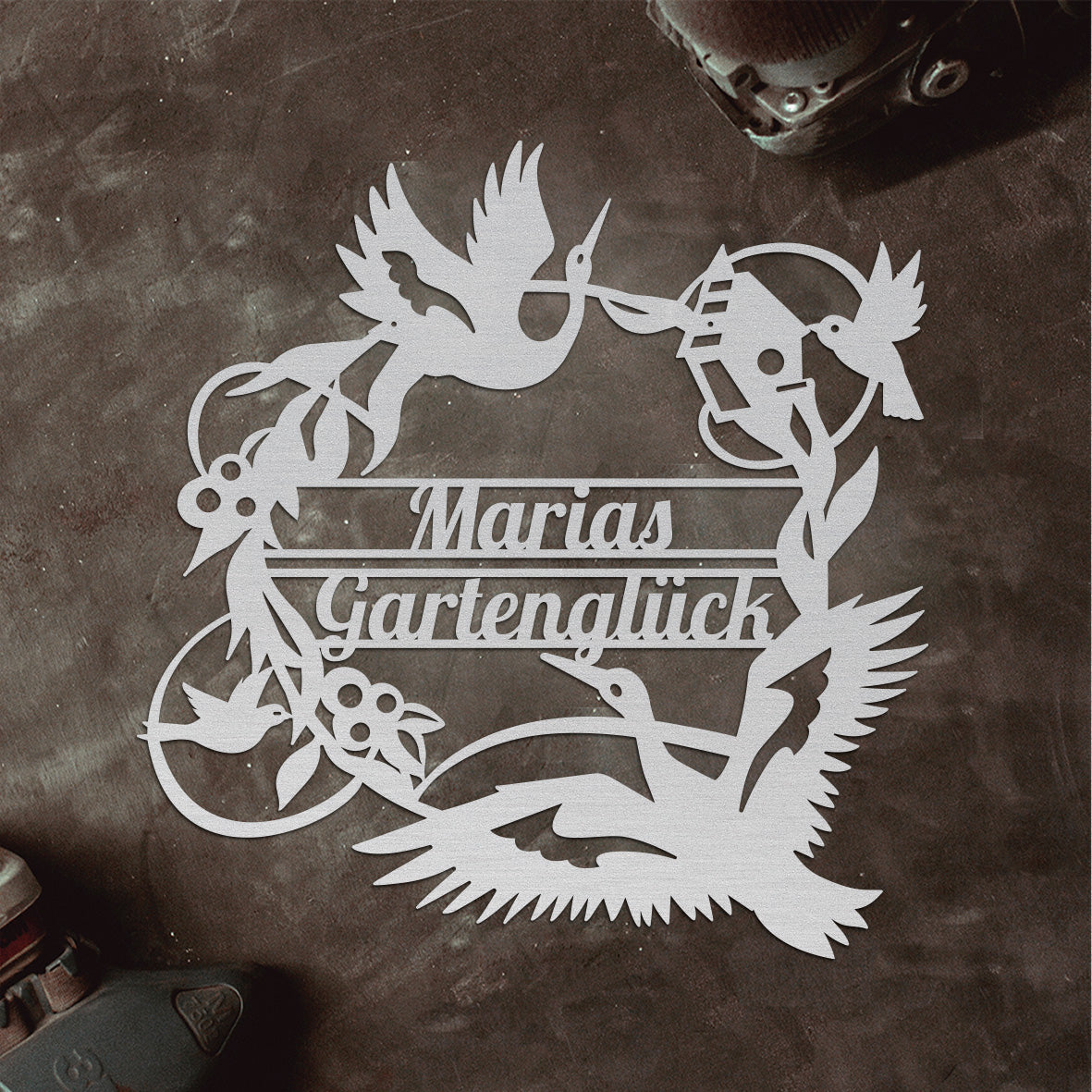 Türschild "Birds Garden mit Wunschtext" aus edlem Stahl (personalisierbar) Craftbrothers