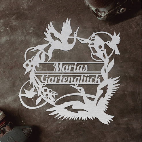 Türschild "Birds Garden mit Wunschtext" aus edlem Stahl (personalisierbar) Craftbrothers
