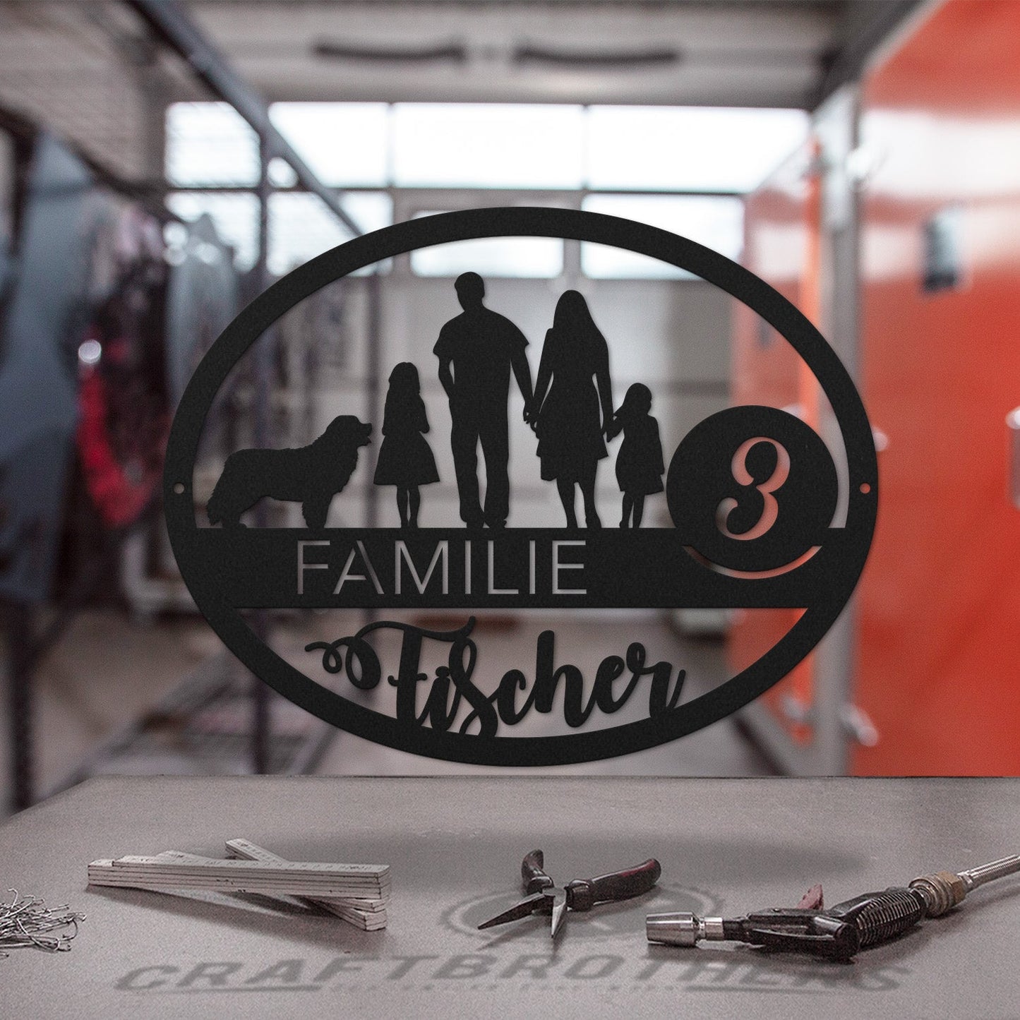 Family-Sign Edition oval 2 Kinder mit Haustier Craftbrothers