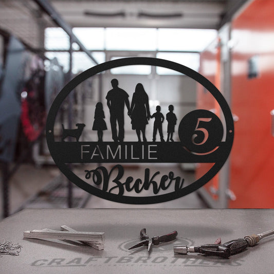 Family-Sign Edition oval 3 Kinder mit Haustier Craftbrothers