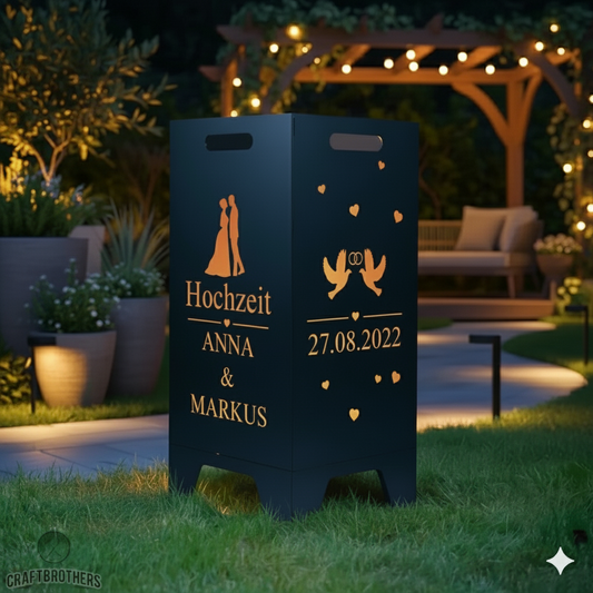 Feuertonne personalisierbar - Hochzeit - Brautpaar und Tauben aus edlem Stahl
