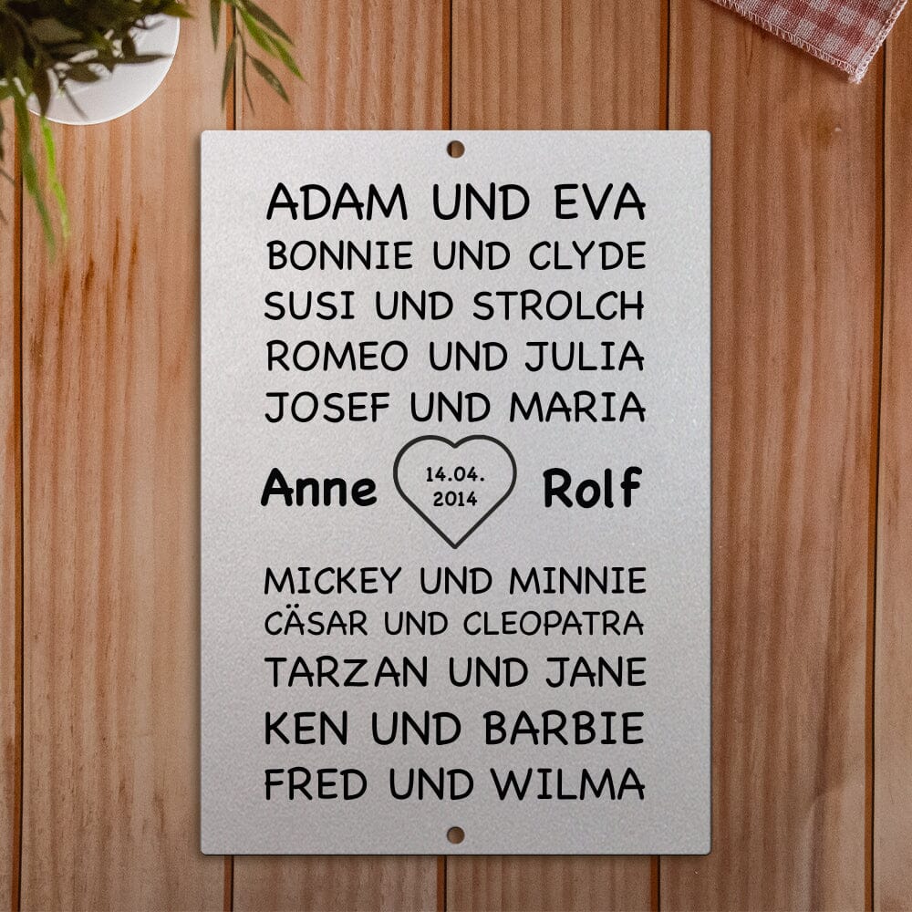 Stahltafel Berühmte Paare - personalisiert - Hochzeitsgeschenk Tafel Craftbrothers 