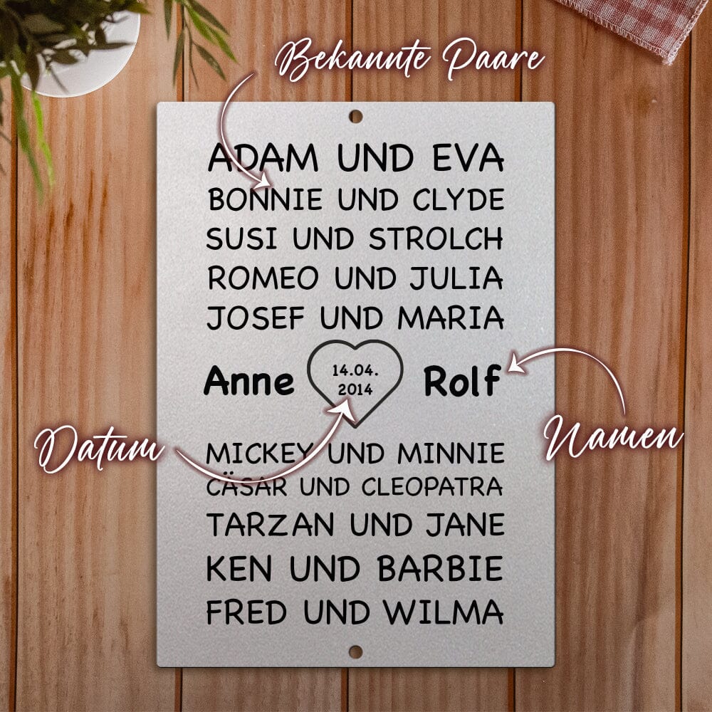 Stahltafel Berühmte Paare - personalisiert - Hochzeitsgeschenk Tafel Craftbrothers 