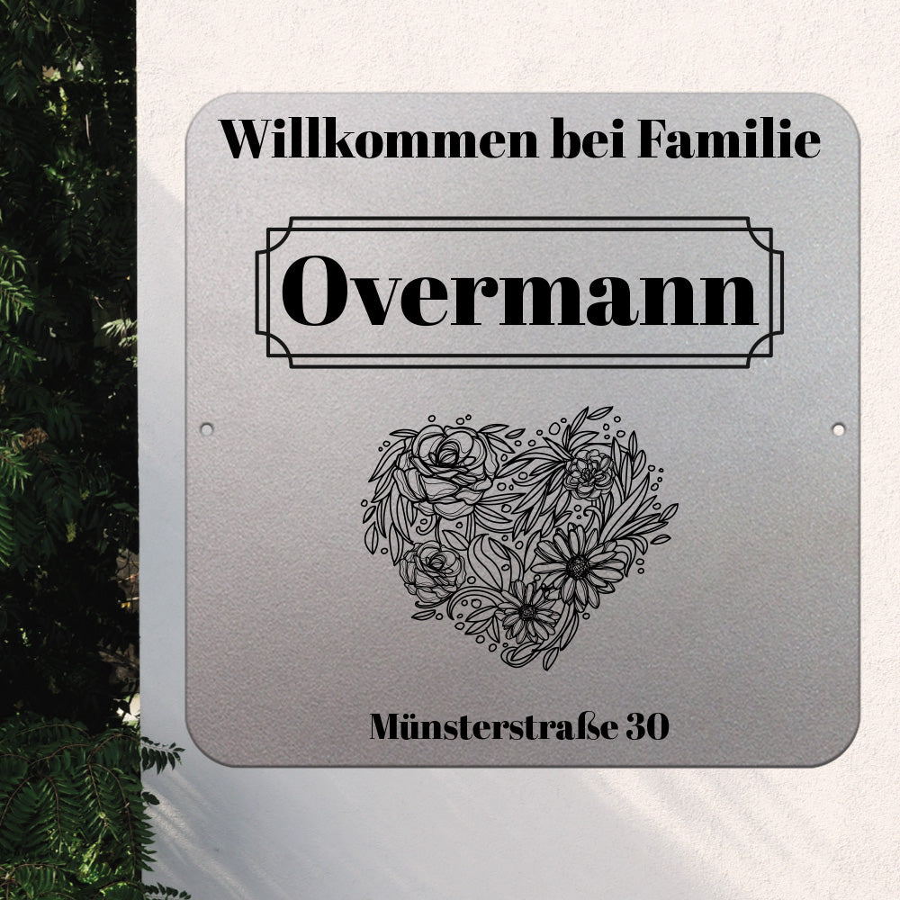 personalisierbares Türschild - Blumenherz im edlen Klassiklook