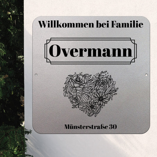 personalisierbares Türschild - Blumenherz im edlen Klassiklook