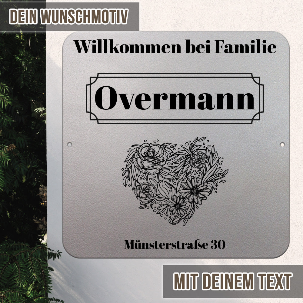 personalisierbares Türschild - Blumenherz im edlen Klassiklook