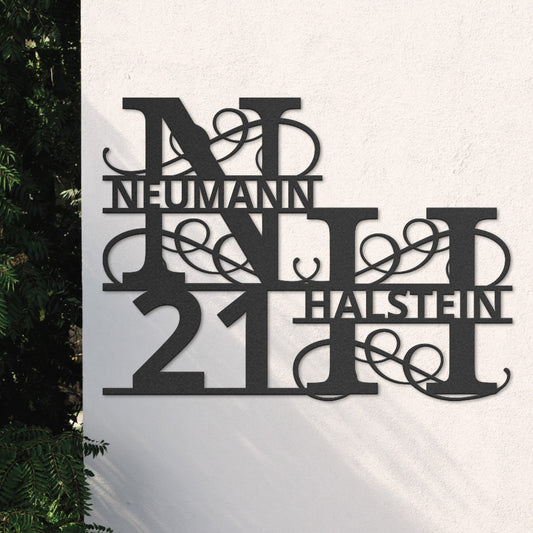 Hausnummern-Monogramm zweizeilig mit Namensinitialien und kompletten Vor-und Nachnamen (personalisierbar)