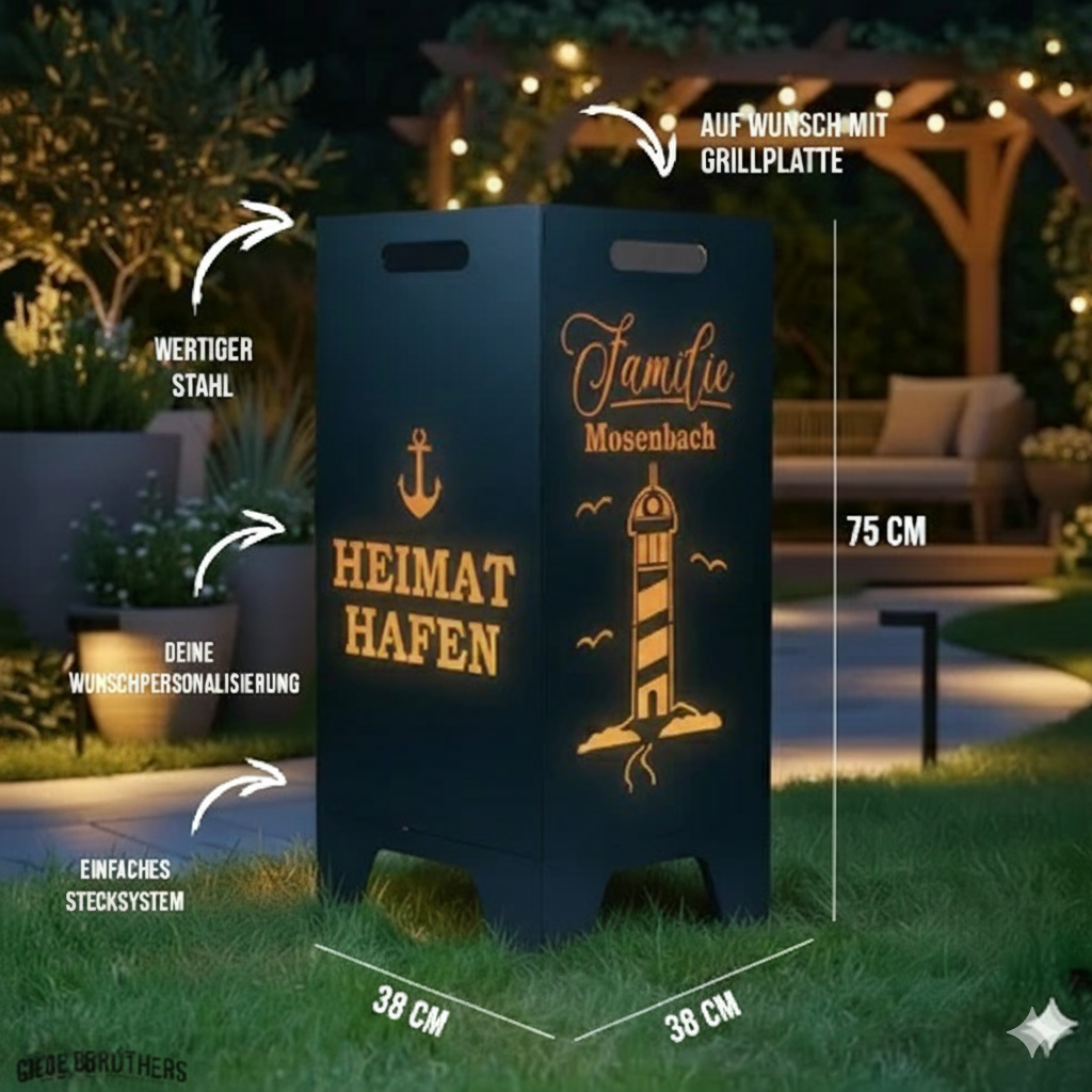 Feuertonne personalisierbar - Leuchtturm aus edlem Stahl