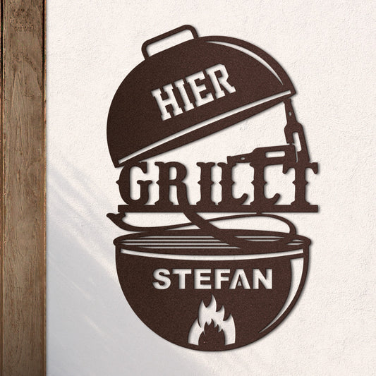 Hier grillt aus edlem Stahl (personalisierbar)