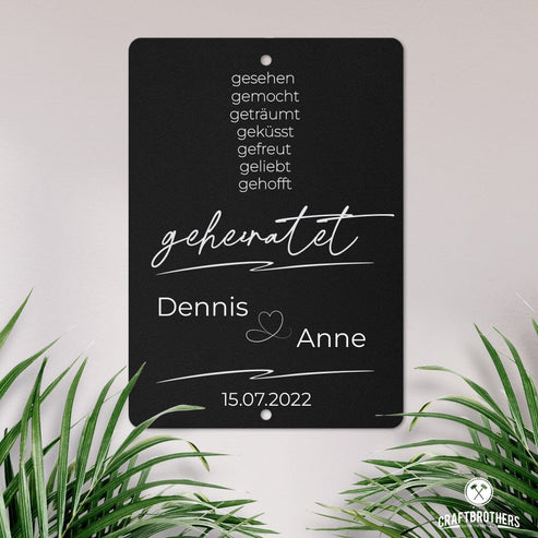 Personalisierbare Stahltafel -Gesehen, gemocht ... geheiratet - personalisierbares Hochzeitsgeschenk Tafel Craftbrothers 