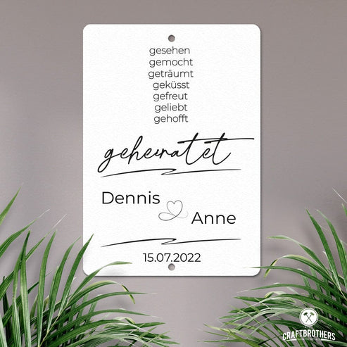 Personalisierbare Stahltafel -Gesehen, gemocht ... geheiratet - personalisierbares Hochzeitsgeschenk Tafel Craftbrothers 