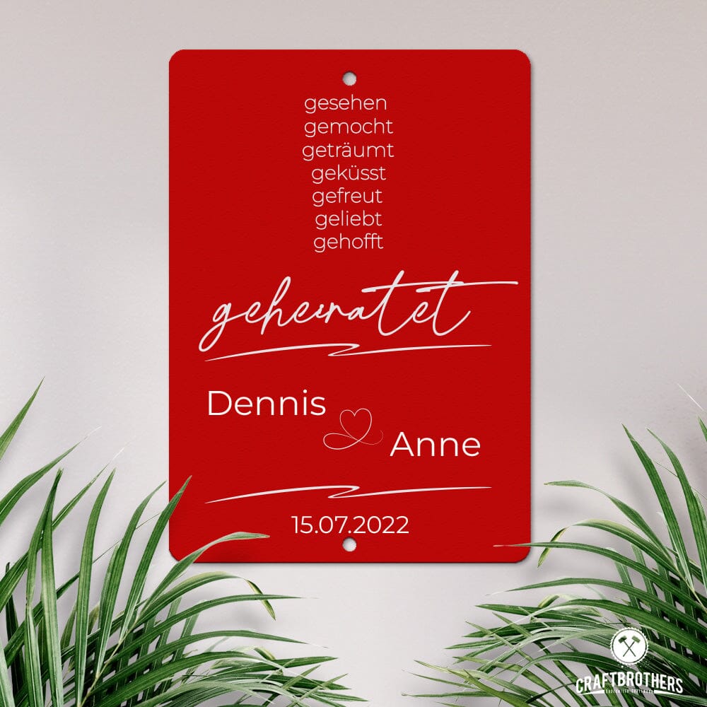 Personalisierbare Stahltafel -Gesehen, gemocht ... geheiratet - personalisierbares Hochzeitsgeschenk Tafel Craftbrothers 