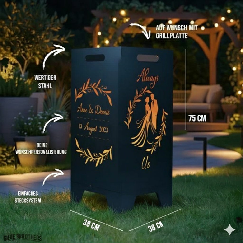 Feuertonne personalisierbar - Hochzeit - Blumenkranz und Brautpaar